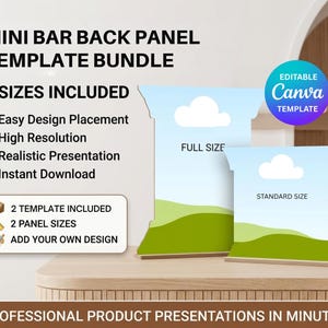Może przedstawiać: Zestaw szablonów tylnego panelu mini baru zawierający dwa rozmiary, pełny rozmiar i standardowy rozmiar. Grafika cyfrowa zawiera tekst, w tym Mini Bar Back Panel Template Bundle, 2 Sizes Included, Easy Design Placement, High Resolution, Realistic Presentation, Instant Download oraz Editable Canva Template.