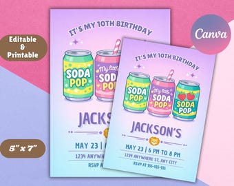 Soda Pop Birthday Invitation | Pastel Theme, Kids Party (Canva Template, Digital Download)