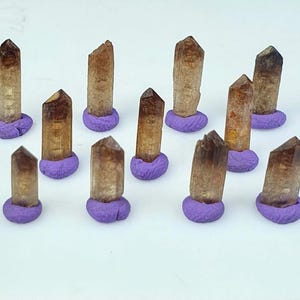 May include: A collection of eleven brown crystal points, each set on a small, round, purple base. The crystals vary in size and shape, with some having sharp, defined points and others appearing more rough. The background is plain white.