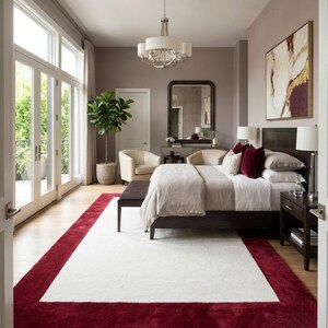 Hand Tufted Minimalist Area Rug | Deep Red Border & Crisp White Center Plush Carpet | Modern Two-Tone Rectangular Rug for Living Room
