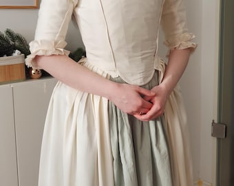 18th-century Rococo dress made of satin, inspired by 1780s fashion in the style of an Italian dress with a plug.