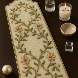 Può includere: Runner da tavolo color crema con perline con un motivo floreale. Il runner presenta un motivo ripetuto di fiori rosa, foglie verdi e steli dorati. I bordi sono smerlati e rifiniti con perline dorate. Un elemento decorativo per un tavolo da pranzo.