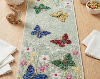 Hand-Beaded Butterfly Garden Table Runner - Sage Green Spring Meadow Decor