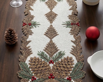 Hand-Beaded Pinecone Christmas Table Runner - 13x36 Winter Forest Holiday Decor - Rustic Gold & Green Beaded Placemat