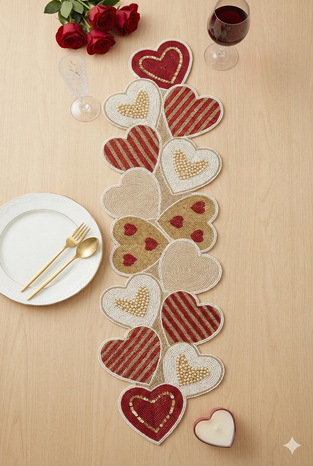Red and Gold Beaded Heart Table Runner - Elegant Valentine’s Day ...