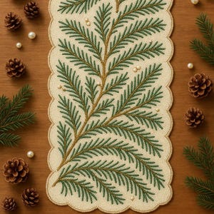 May include: Cream-colored table runner with a beaded green and gold fir tree design. The runner has a scalloped edge and is surrounded by pine cones, pearls, and evergreen sprigs on a wooden surface. A festive holiday decoration.