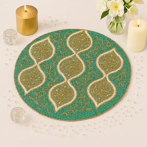 SET OF 2 Navy Beaded Petal Placemat – Handmade Decorative Table Mat for Romantic & Elegant Dining