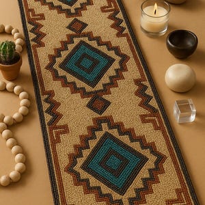 Handgjord pärlstavlig sydvästlig bordslöpare | Modern geometrisk aztekisk inredning | Rustik stuga i heminredning