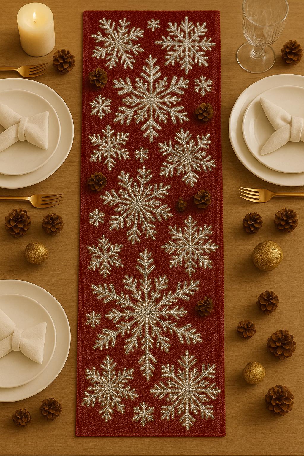 テーブルランナー　パールビーズ の 雪の結晶 テーブルランナー パールビーズ の 雪の結晶