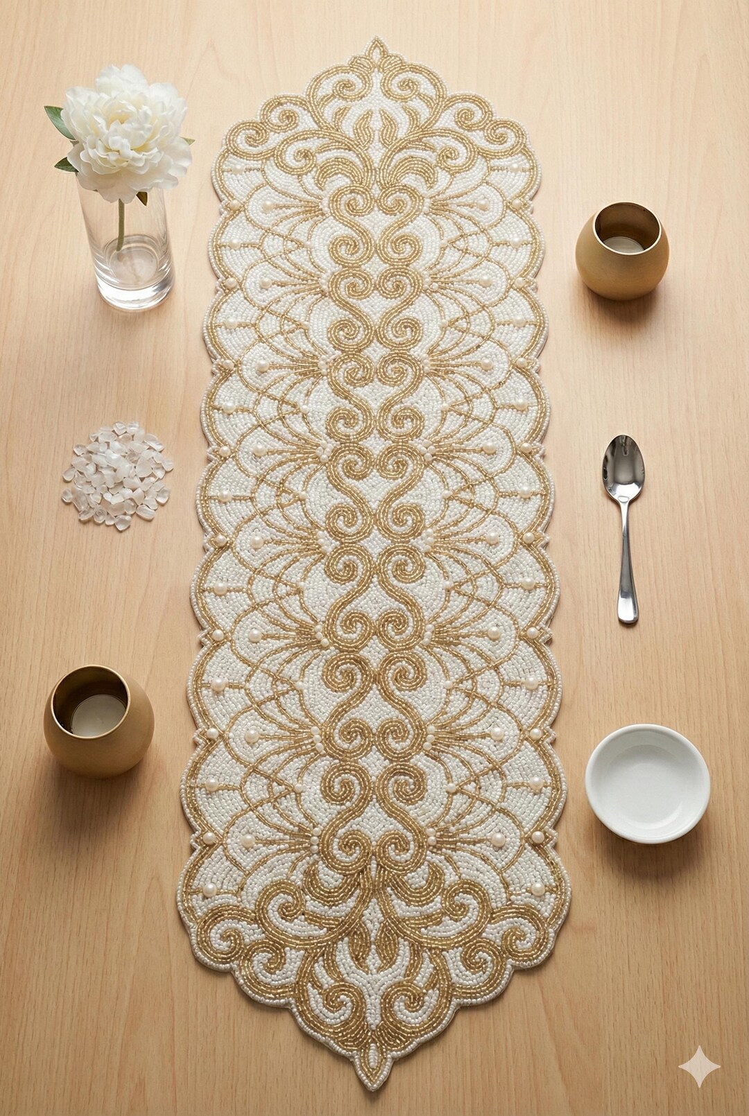 Elegant Gold and White Beaded Table Runner - Handcrafted Arabesque ...