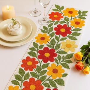 Floral Beaded Table Runner 13x36 | Handmade Colorful Daisy Beads on Cream | Elegant Dining & Wedding Decor