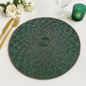 SET OF 2 Emerald Green Beaded Placemat – Handmade Round Table Mat | Elegant Bead Charger for Dining