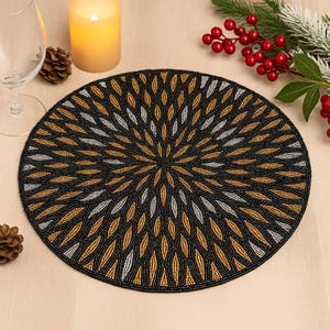 SET OF 2 Handmade Black Gold Beaded Placemat – Festive Leaf Pattern Table Mat for Holiday & Dinner Decor
