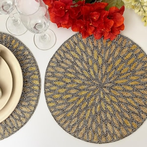 SET OF 2 Gold and Brown Beaded Placemat – Handmade Round Table Mat for Elegant Dining & Decor