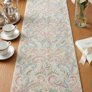 Pastel Hand-Beaded Damask Table Runner - Elegant Easter & Wedding Centerpiece