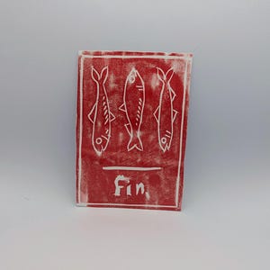 sardine linocut print vinyl sticker from hand carved linoleum block in red black or blue (one of a kind)