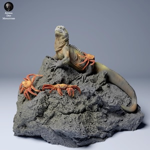 Op de afbeelding: Een gedetailleerde miniatuursculptuur met een mariene leguaan die rust op een getextureerde grijze rots, met twee oranje krabben. De leguaan is bruin en grijs, met een lange staart. De sculptuur is gelabeld "Animal Den Miniatures".