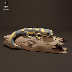 May include: A detailed miniature salamander, with a grey body and yellow markings, resting on a piece of weathered wood. The salamander is a realistic sculpture, showcasing intricate details. The logo "Animal Den Miniatures" is in the upper left corner.