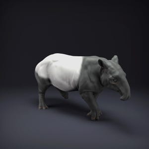 Puede incluir: Modelo 3D de un tapir malayo, con un distintivo patrón en blanco y negro. El tapir se representa caminando, mostrando su corta trompa y sus fuertes patas. El fondo es de color gris oscuro.