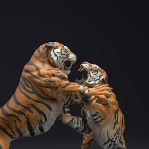 ベンガルトラの戦い - 3Dプリントモデル - 未塗装 - 動物ミニチュア - 樹脂