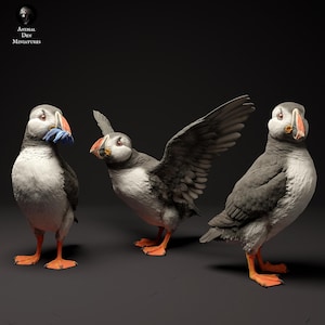 May include: Three detailed miniature puffin bird figurines. The birds have gray and white plumage, orange feet, and large, colorful beaks. One holds blue items in its beak, and another has its wings spread. The Animal Den Miniatures logo is in the top left.