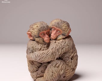 Japanese Macaque Infants Hug – 3D Printed Model - Unpainted - Animals Miniatures - Resin
