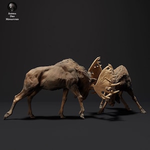 Moose Bulls Fighting – 3D Printed Model - Unpainted - Animals Miniatures - Resin