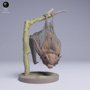 May include: A detailed sculpture of a bat hanging upside down from a branch. The bat has a textured, gray and tan body with outstretched wings. The branch is light green and the base is a neutral gray. The sculpture is labeled "Animal Des Miniatures".