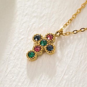 Waterproof Gold Cross Necklace, Stainless Steel Pendant with Color Stones, Tarnish Free Religious Jewelry Gift Women