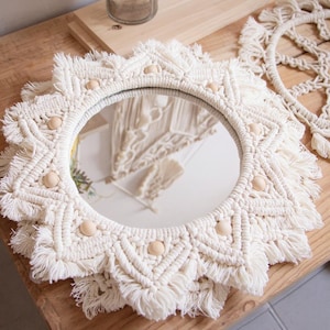 Boho Macrame Wall Mirror: Handmade Cotton Fringe, 17.7&quot; Round