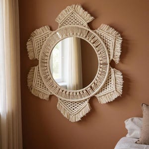 Round Boho Handmade Macrame Wall Hanging Mirror - Cotton Frame Ivory Woven Wall Art for Bedroom, Bathroom, Entryway, Rustic Minimalist Decor