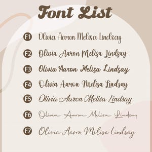 May include: A font list graphic with the title "Font List" in a brown, retro font. Seven font samples are displayed, each with the same name: "Olivia Aaron Melisa Lindsay." Each font sample is labeled with an "F" followed by a number.