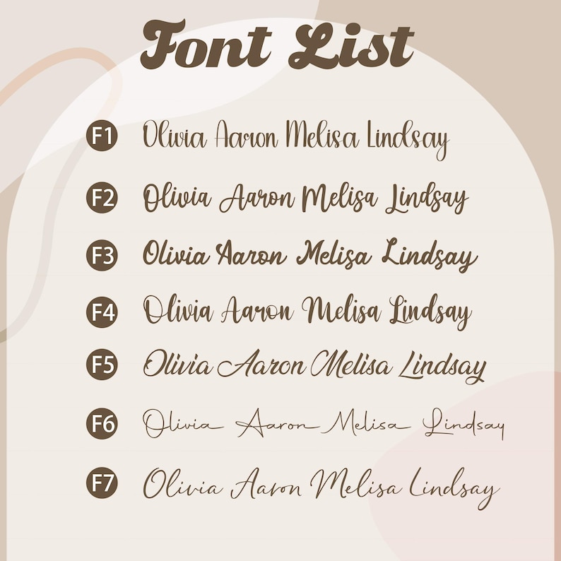 May include: A font list graphic with the title "Font List" in a brown, retro font. Seven font samples are displayed, each with the same name: "Olivia Aaron Melisa Lindsay." Each font sample is labeled with an "F" followed by a number.
