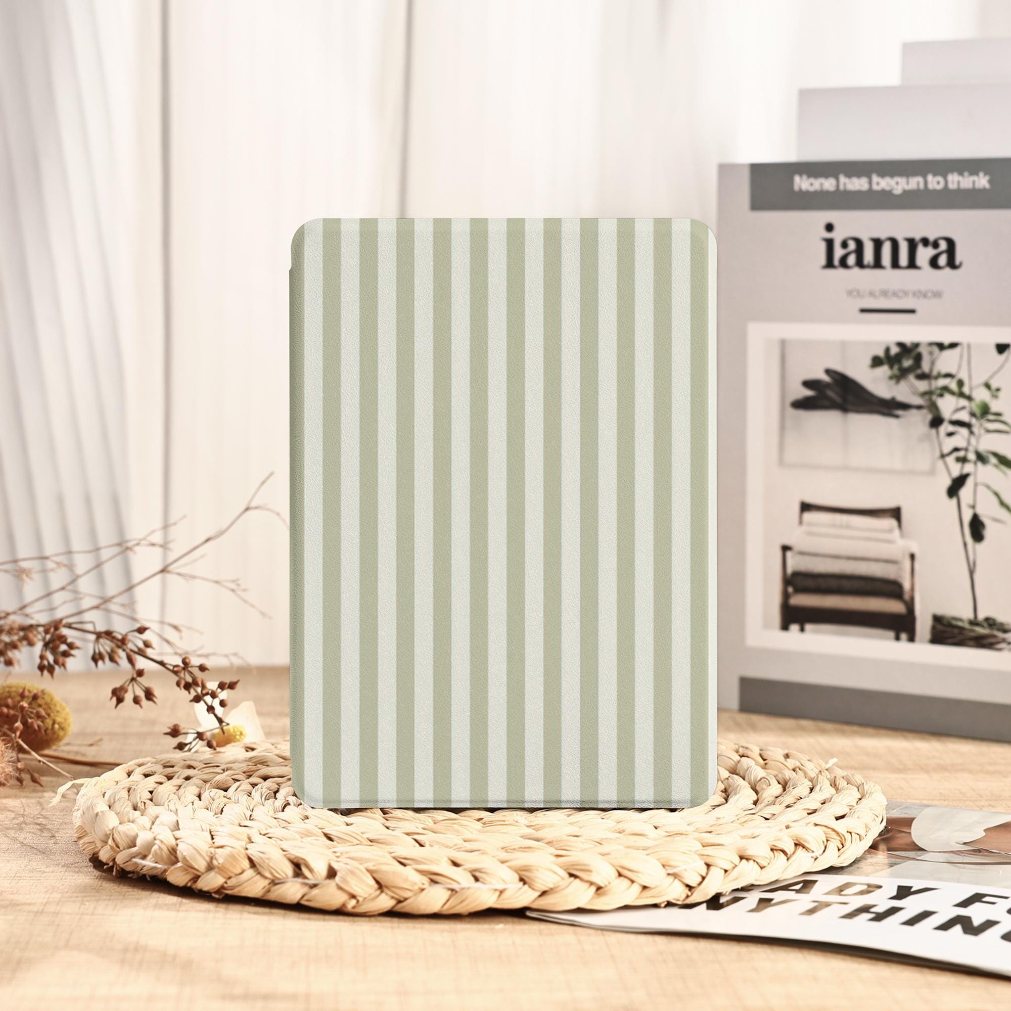 Green Stripe Kobo/Kindle Case with Strap For Kindle Paperwhite, Kindle Colorsoft, Kindle Paperwhite 6.8'' 7'', Auto Sleep/Wake, Clear Back