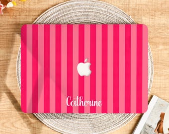 Custom Name Hot Pink Striped MacBook Protective Case Cover for 2025 Air 15/13/11 Inch MacBook Pro 13/14/15/16 Inch M1 M2 M3 2024 2023 2022