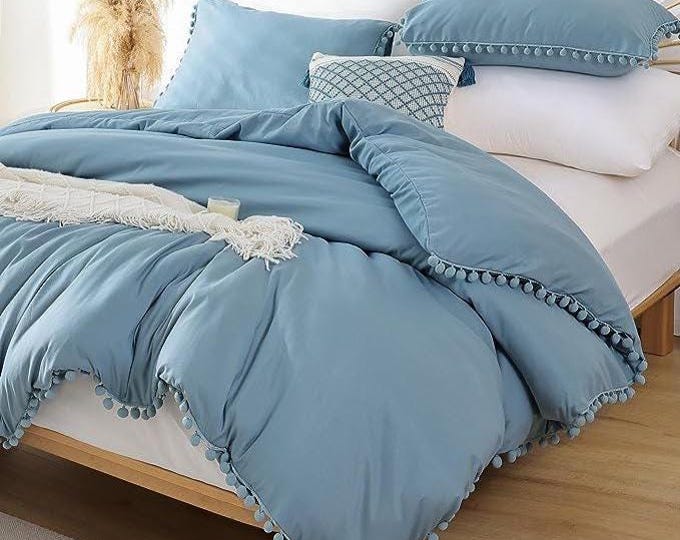 Pompom Duvet Cover Sets Boho Duvet Cover Soft Solid Comforter Cover King Cotton Duvet Cover Sets For Bedroom Sky Blue Cotton Bedding Set