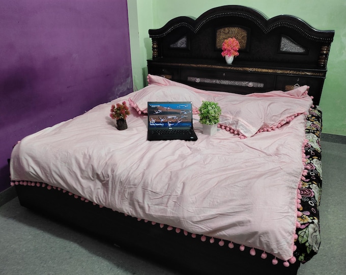 Light Pink Duvet Cover Set with Pom Pom Trim – Soft Cotton Bedding Set with Pillowcases, Custom Embroidery( Name/ Logo) Duvet Cover Sets