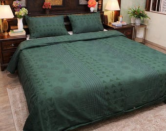 Forest Green Hand Block Print Cotton Duvet Cover Set, Boho Bedding (3-Piece)