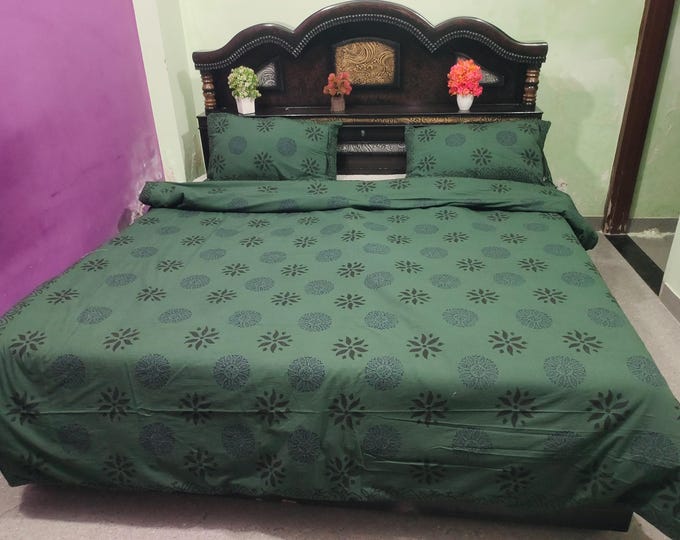 Hand Block Duvet Cover Set with 2 Pillowcases Navy Blue Cotton Bedding Sets, Indian Block Print King Size Duvet Cover Set Queen Quilt Cover