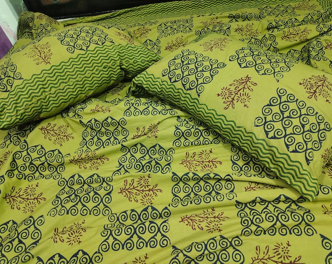 Green Block Print King Size Duvet Cover Set: Bohemian Cotton Bedding with Pillowcases Muslin Duvet Set