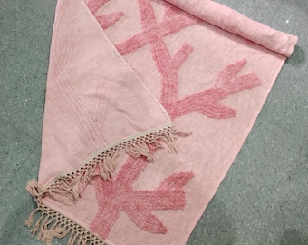 Handmade Pink Boho Cotton Throw Blanket – Tufted 50x60