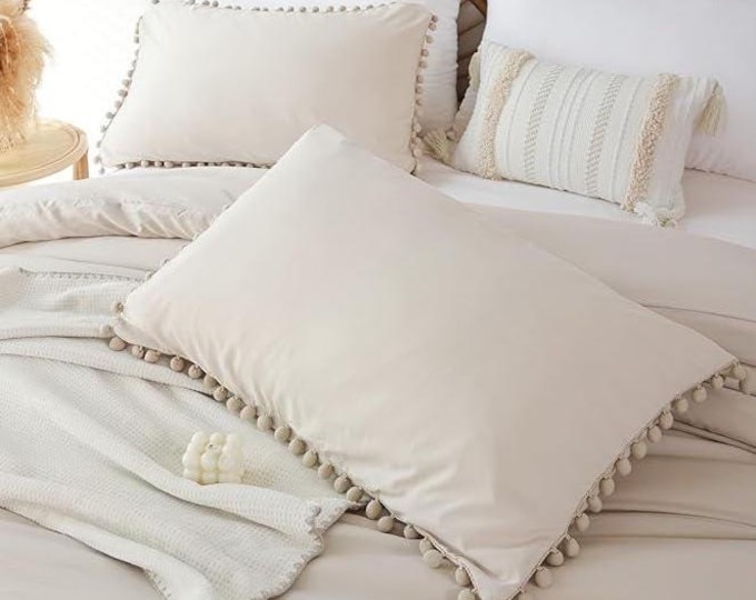 100% Cotton Bedding Set Pom Pom Beige Duvet Cover Sets Boho Duvet Cover Soft Solid Comforter Cover King Cotton Duvet Cover Sets For Bedroom