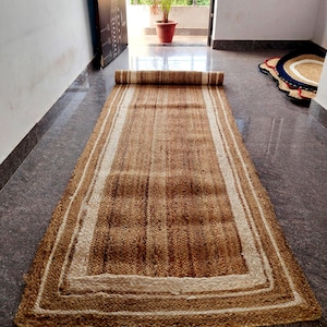Handmade Braided Jute Rug: Boho Turkish Style, Earthy White Border