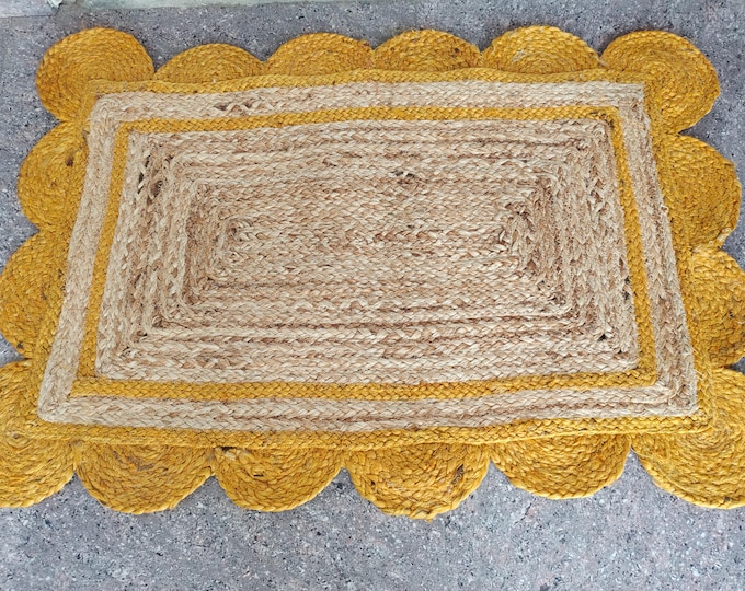 Handwoven Braided Jute Rug: Earthy Yellow Border, Indian Handmade
