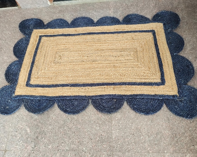 Handwoven Jute Braided Rug: Earthy Entryway Carpet with Navy Border