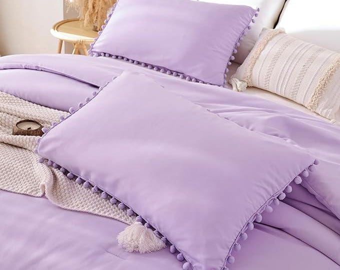 Boho Duvet Cover Soft Solid Comforter Cover King Linen Duvet Cover Sets For Bedroom Cotton Bedding Set Pompom Light Purple Duvet Cover Sets