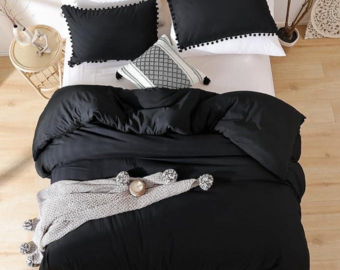 Boho Bedding Sets Black Soft Solid Comforter Cover Cotton Duvet Cover Sets For Bedroom 100% Cotton Bedding Set Pompom Linen Duvet Cover Sets