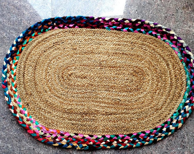 Handwoven Jute Rug: Oval Braided Boho Rug with Earthy Border