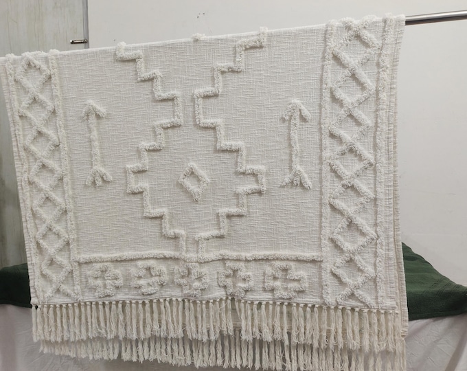 Cozy Boho Throw Blanket Ivory Tufted Cotton Sofa Throw Cotton Handmade Decorative Accent, 52X72 Inches