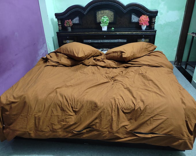 Rust Brown Cotton Duvet Cover Set with Pillowcases – Soft Bedding Set, Solid Color Bedspread, Minimalist Bedroom Decor Boho Bedding Sets